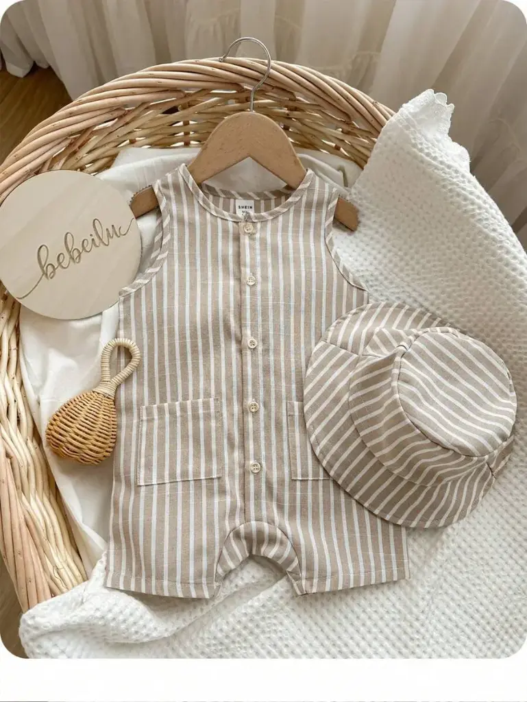 Set de 2 piezas para bebé niño/niña: enterizo sin mangas a rayas multicolor y sombrero tipo bucket