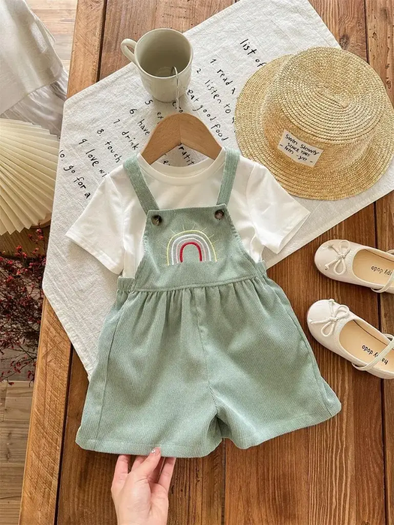 Enterizo casual para bebé niña, color verde, con bordado de arcoíris