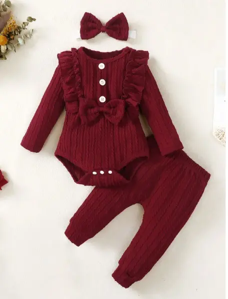 Conjunto de 3 piezas de mameluco casual para bebé niña con decoración de lazo