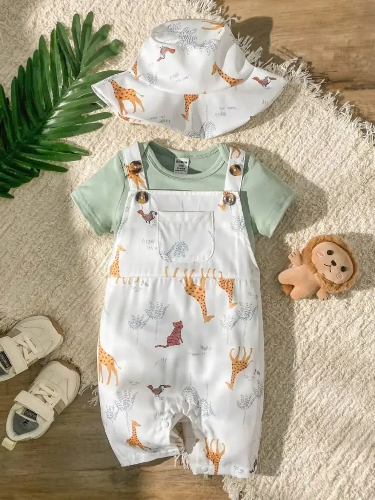 Conjunto de 2 piezas de peto informal y cómodo estampado con animales para bebé niño, con gorra a juego