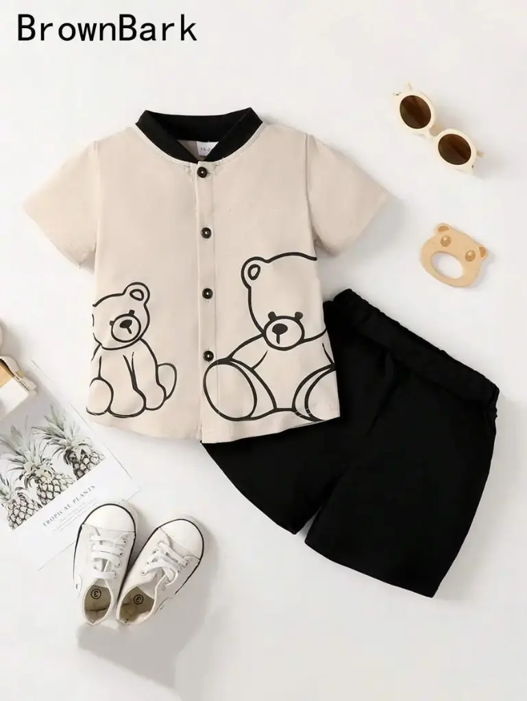 Conjunto de 2 piezas con camisa de manga corta casual con estampado de oso