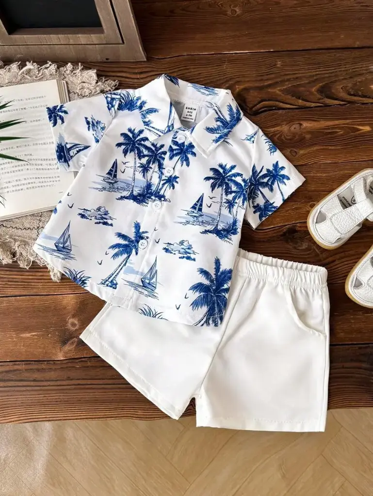 Traje de verano con estampado de palmera y short