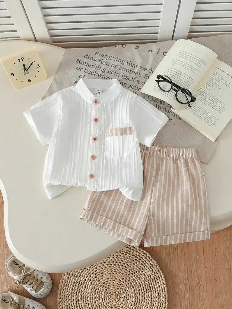 Conjunto Chic de Camisa de Rayas y Shorts Caqui