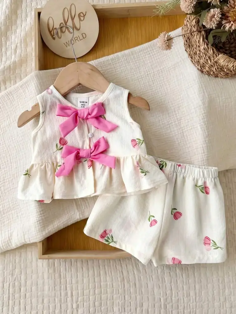Conjunto Floral con Lazos Rosados