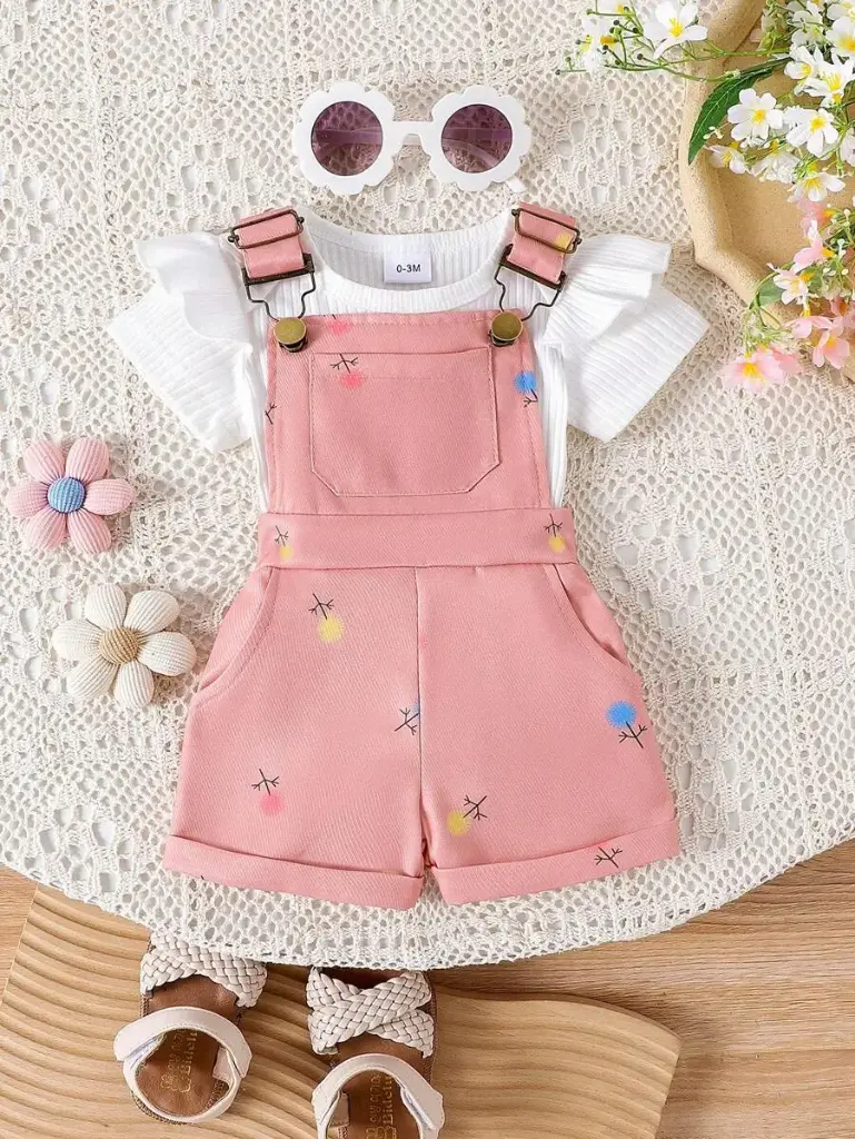 Conjunto Overol Rosado con Blusa Blanca