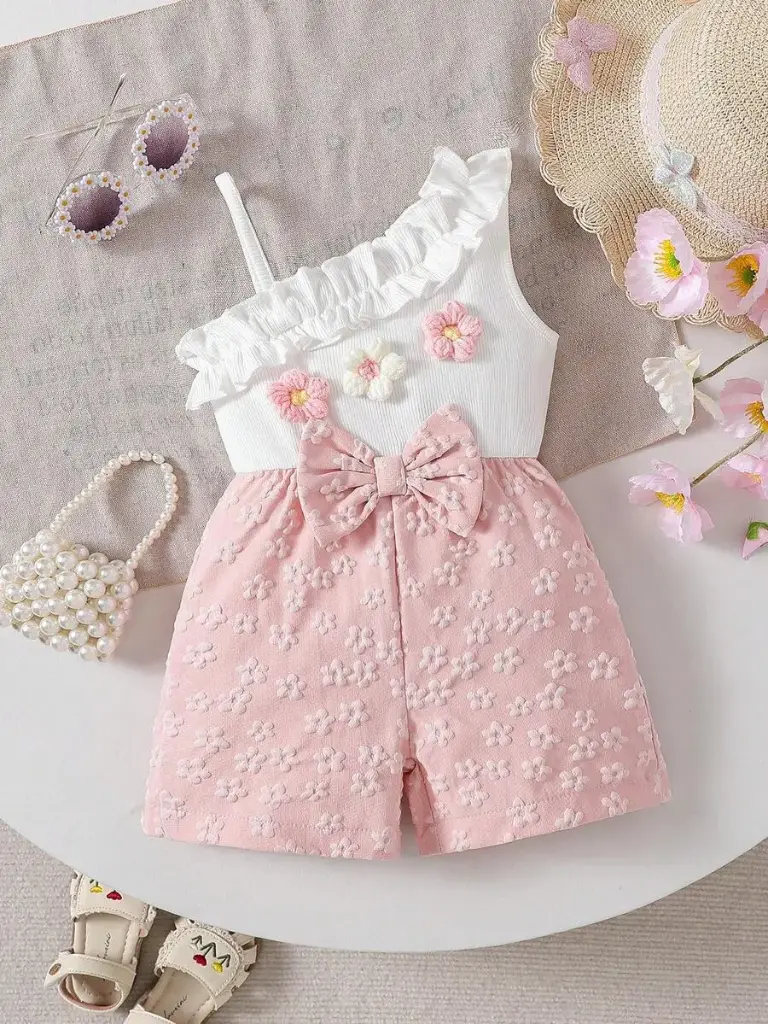 Conjunto Floral Rosado con Lazo