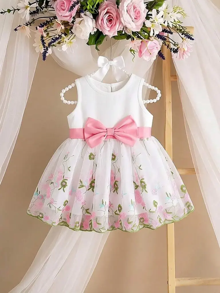 Vestido Floral Blanco con Lazo Rosado