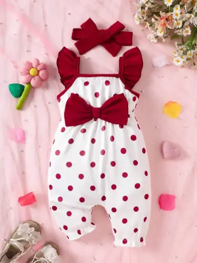 [sa2310132909944445] Enterizo para bebé niña con estampado de lunares, volantes y lazo decorativo