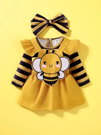 [sa2405206529244766] Conjunto de peto con bordado de abeja + camiseta de manga larga a rayas