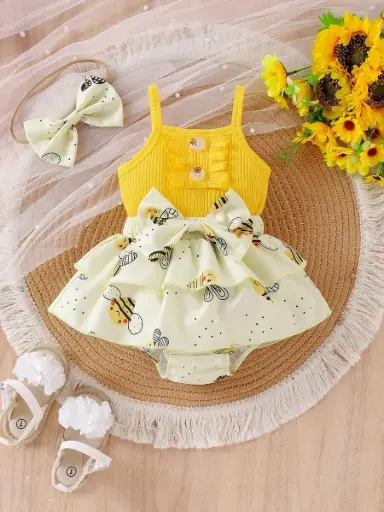 [sa2312196556593786] Body de verano acanalado de contraste para bebé niña con dobladillo de falda de doble capa y estampado de abejas