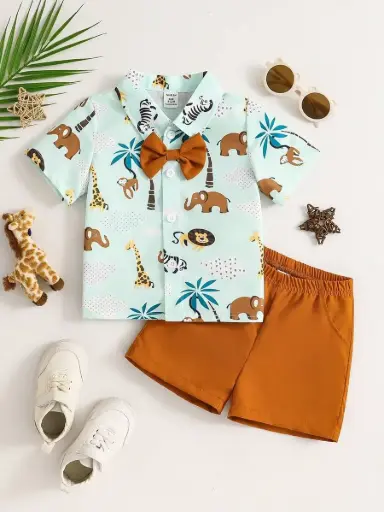 Camisa de manga corta con patrón de animal lindo y corbata de moño, y pantalones cortos casuales de estilo caballero