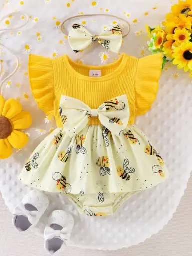 Conjunto de 2 piezas de vestido mono informal con parches a rayas y decoración de abeja