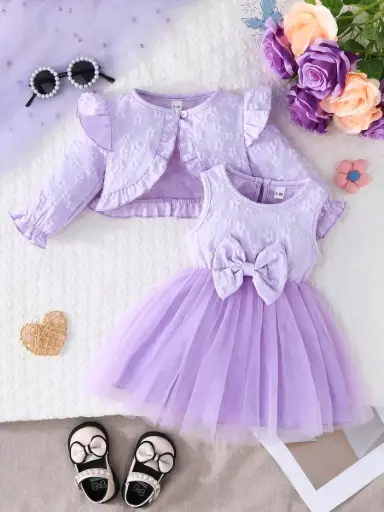 [sa2409213122143343] Vestido de 2 piezas de chaqueta tipo cárdigan con copos de nieve y vestido de tul con lazo para niñas pequeñas