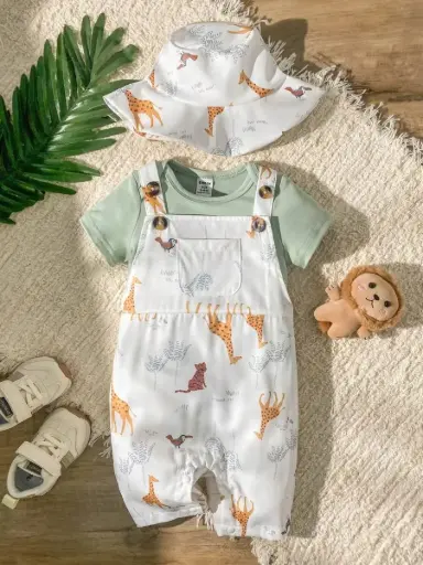 [sa2411144961007009] Conjunto de 2 piezas de peto informal y cómodo estampado con animales para bebé niño, con gorra a juego