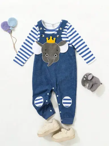 [sa2311094539306699] Conjunto De Camiseta De Manga Larga A Rayas Para Bebés Y Pelele Con Tirantes Bordados Con Dibujos Animados Para Niños
