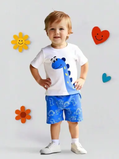[sa25051085441437793] Conjunto de camiseta de manga corta y pantalones cortos con estampado de dinosaurio azul