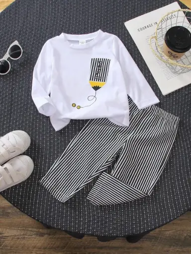 [sa25061110282155673]  Conjunto de camiseta de manga larga de punto blanco con estampado de lápiz bordado