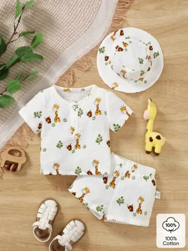 Conjunto casual con camiseta de manga corta con cuello redondo y pantalones cortos con estampado de jirafa