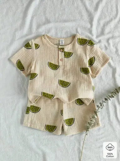 [sa25041783888709068] Traje de verano con estampado de sandías verdes (100% algodón)