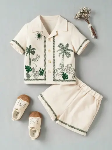 Traje de verano con estampado tropical y short
