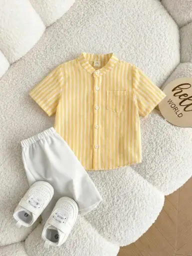 [sa25022154982282530] Conjunto Camisa Rayas y Short Amarillo