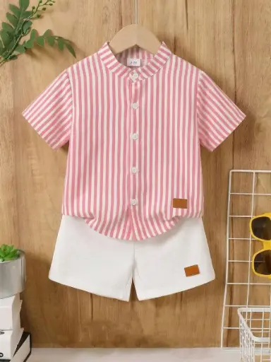 [sa25022154982258978] Conjunto Camisa Rayas Rosadas y Short Blanco