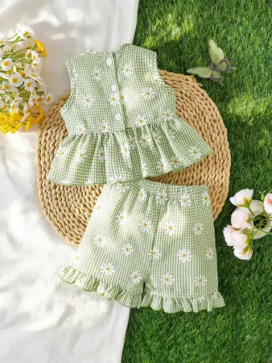 [sa260228185540240231661] Conjunto Blusita y Short de Margaritas Verde Menta