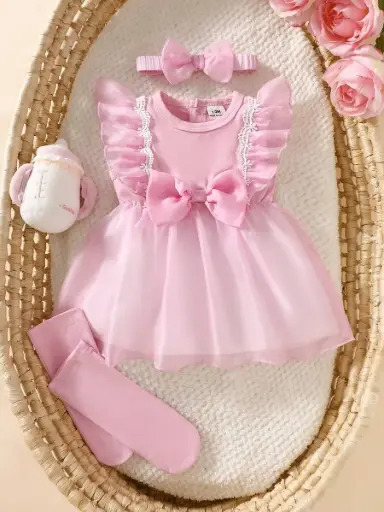 [sa260304154350051580428] Vestido Mameluco de Tull Rosado con Vincha